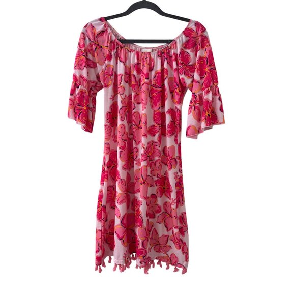 Simply Southern Pink Floral Off-Shoulder Dress W/ Tassels Medium - Picture 4 of 10